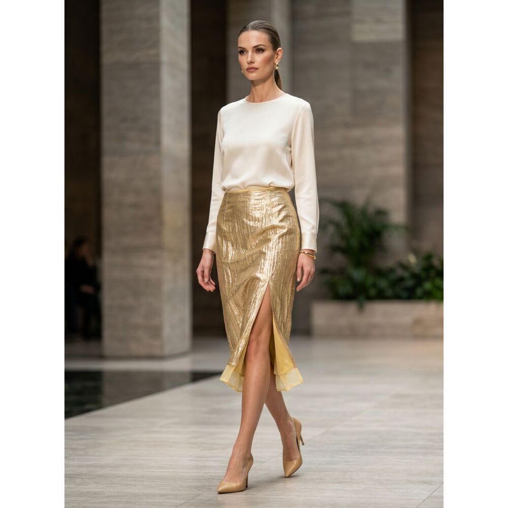 Rag and Bone Suki Crinkled Organza Midi Skirt in beige/gold colorway - Size 10